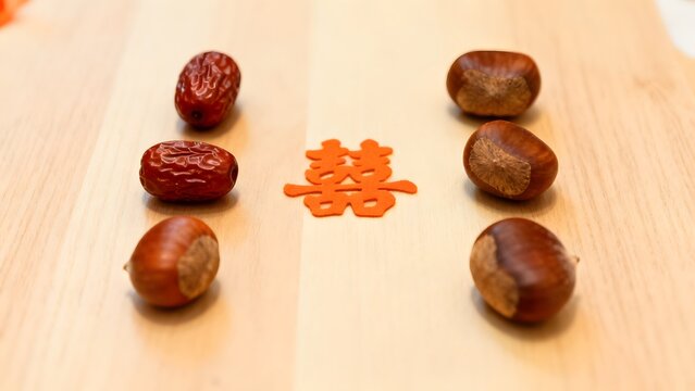 Traditional Chinese wedding symbols with red dates chestnuts and double happiness character arranged on wooden surface for festive celebration