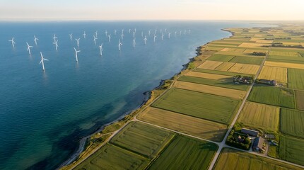 Obraz premium Aerial view of a coastal landscape featuring a large offshore wind farm and patchwork agricultural fields under a clear sky