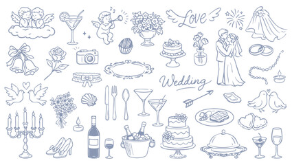 Hand drawn Valentine and wedding doodle icons set with romantic elements cake champagne couple and cupid vector illustration © Bohdan