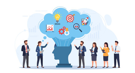 A diverse group of professionals brainstorms innovative ideas and strategies within a stylized head, symbolizing creativity and business growth. © Habi