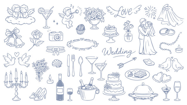 Hand drawn Valentine and wedding doodle icons set with romantic elements cake champagne couple and cupid vector illustration