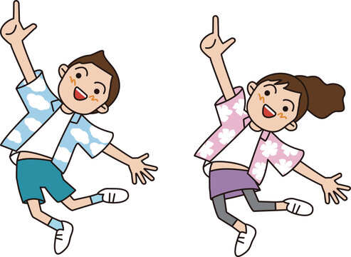 日本の小学生の男の子と女の子。笑顔でジャンプしてるイラスト。