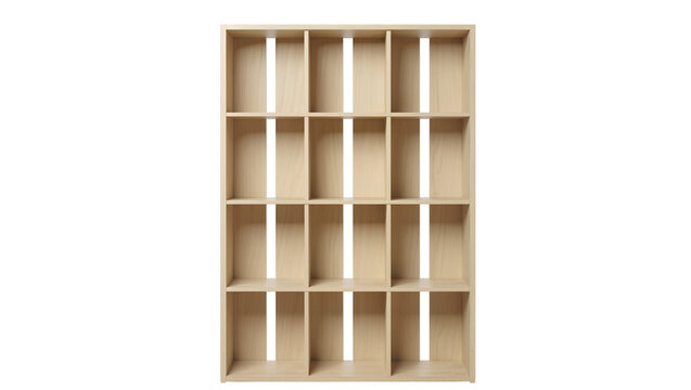 Light wood modular shelving unit with multiple compartments, isolated on transparent background