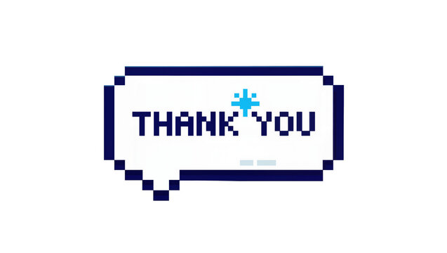 Pixelated speech bubble with THANK YOU text and blue asterisk, isolated on transparent background