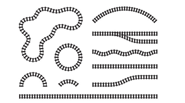 Train tracks set with various curves and straight lines, ideal for railway or transportation designs.