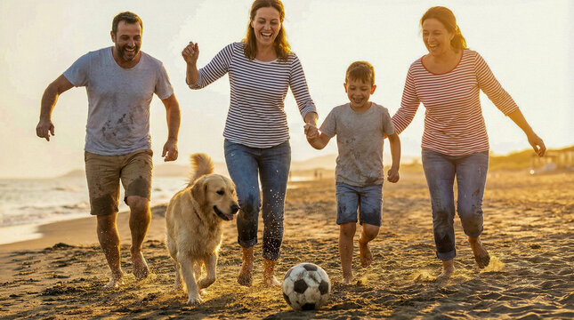 Fotograf&iacute;a hiperrealista de familia jugando con pelota en la playa, risas, movimiento natural, luz brillante