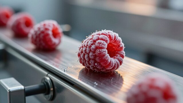Close-up of frost-covered raspberries moving along a metal conveyor belt in a food processing facility.