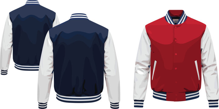 Varsity jacket mockup set with front and back views, classic baseball jacket design in red and navy, sporty apparel illustration for fashion, branding and merchandise presentation