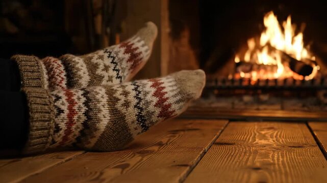 Cozy feet in wool socks by a warm fireplace at winter holiday