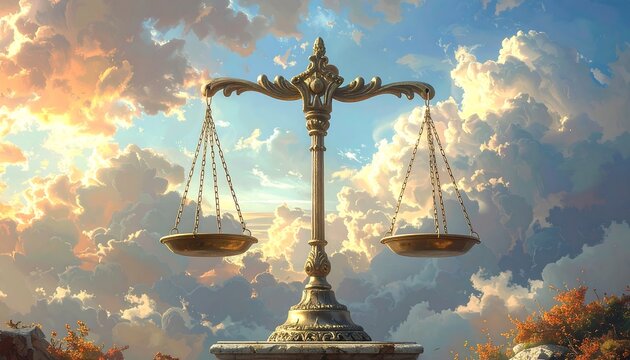 Ornate scales of justice, dramatic sky backdrop