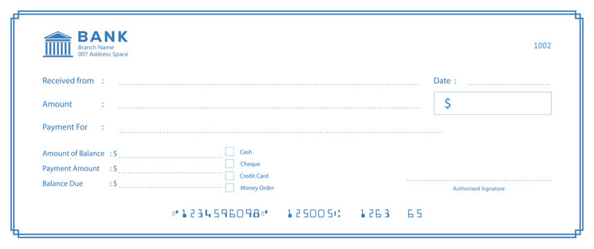 Bank check, vector blank money cheque, checkbook template with guilloche pattern and fields. Currency payment coupon, money check background