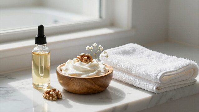 A serene bathroom scene featuring a wooden bowl of whipped shea butter with walnuts and flowers, next to a glass bottle of essential oil on marble countertop.