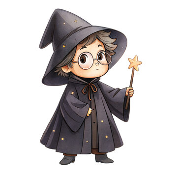 Charming watercolor young wizard character. Elegant hand-painted little mage boy with glasses, star wand, and a magical hat for nursery decor isolated on white.
