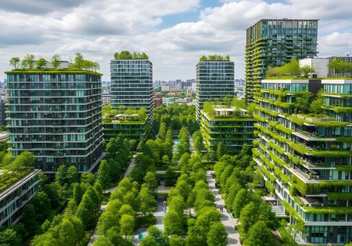 The lush greenery adorning the facades of urban structures evokes a sense of ecological harmony, painting a picture of sustainable existence where architecture and nature coalesce under