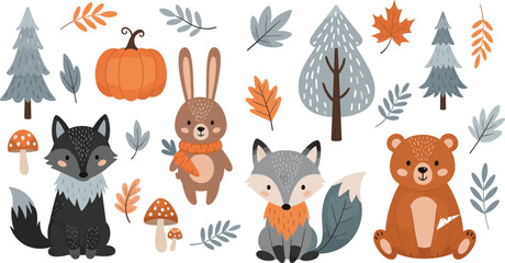 Obraz premium Cute Autumn Woodland Animal Collection Featuring Foxes Bear and Bunny with Pumpkins Pine Trees and Falling Leaves for Seasonal Fall Greeting Cards and Decor