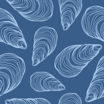 seamless abstract pattern on a marine theme with shells in line art style on a blue background, for textiles, printing or backgrounds for social networks on a marine theme
