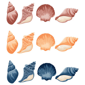 set of icons of various sea shells and shells of different shapes and colors, for thematic backgrounds, stickers or social networks