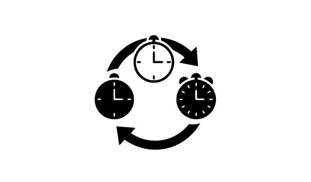 Circular time management infographic with black clock icons and workflow arrows for productivity concept