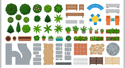 Colorful top down view of various park and garden elements © PROMA