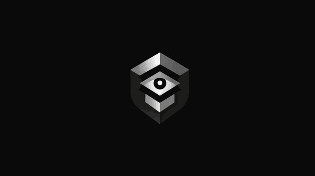 A geometric eye design is centered on a black background. The shape has shades of gray