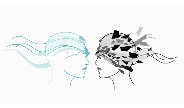 Dual human thinking concept with chaos and order representing relationship psychology and mental balance