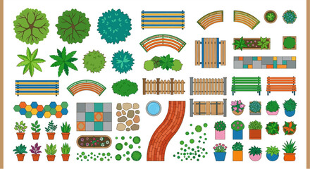 A collection of colorful top down landscape and garden elements © PROMA