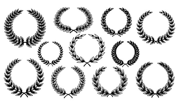 Vintage black laurel wreath vector set with detailed engraved leaf decoration isolated on white