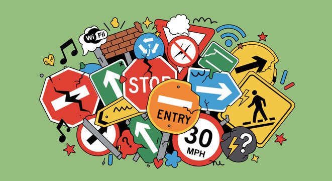 A playful illustration of various traffic signs and symbols in disarray, conveying a sense of confusion and disorder.