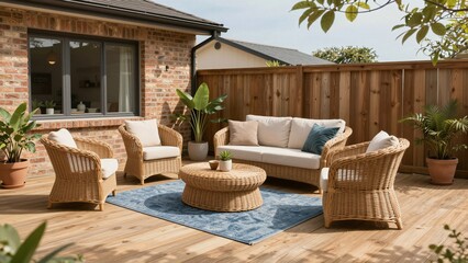 Fototapeta premium Comfortable wicker furniture on a wooden deck with potted plants and brick house in background.