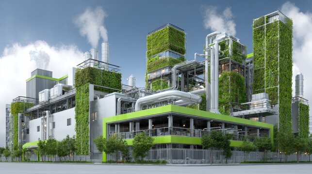 A modern factory complex, integrating green walls and rooftops. Pipes and towers contrast the greenery with clean lines. Smoke rises