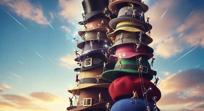Whimsical digital illustration of miniature figures ascending a towering stack of colorful hats against a vibrant sky, evoking a sense of playful ambition and surrealism.