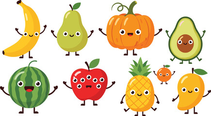 Fototapeta premium Cute Fruit Character Illustration Set with Cartoon Banana Apple Pineapple Avocado and Watermelon for Kids Design and Fun Food Collection