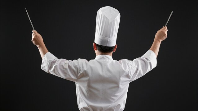 Back view of a chef in white uniform holding knives like conductors batons against dark background.