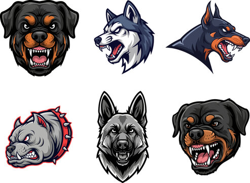 Angry dog heads mascot set, aggressive bulldog, rottweiler, doberman, and husky vector illustration for sports team logo