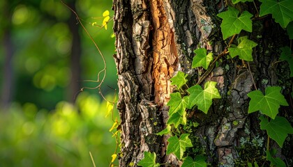 Fototapeta premium Close-up of tree bark with ivy, leaves, and blurred bokeh background