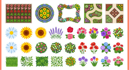 Collection of colorful flower arrangements and garden elements in a top down view © PROMA