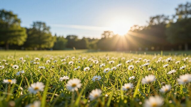 Vibrant green field of daisies under a bright blue sky, with golden sunlight filtering through trees in the distance.