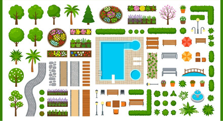 Fototapeta premium Overhead view of a colorful garden and landscape design elements
