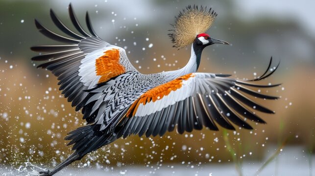 Sarus crane spreads its wings in mid-flight. Water droplets splash around its powerful legs. Vibrant orange patches contrast with gray feathers. Distinctive red crown highlights its regal appearance