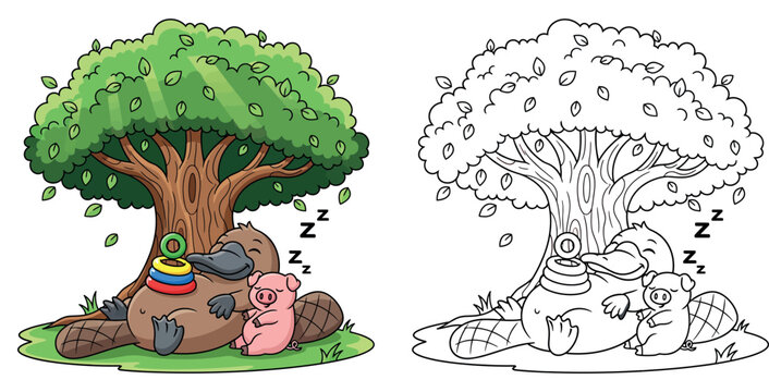 Cute cartoon platypus and little pig sleeping under a tree with a ring stack toy, funny animal friends