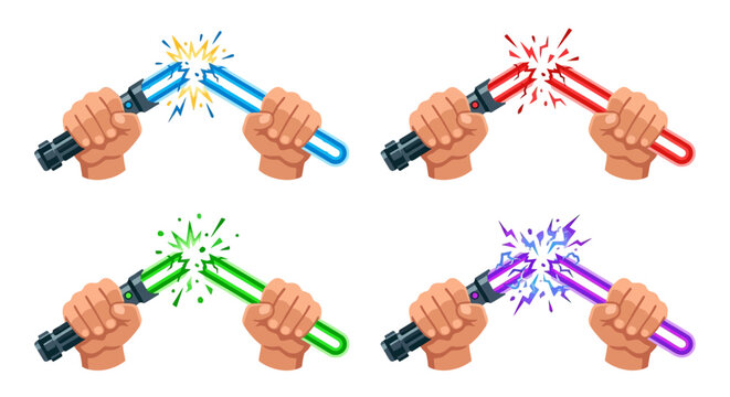 Four illustrations depicting lightsaber clashes in vibrant cartoon style