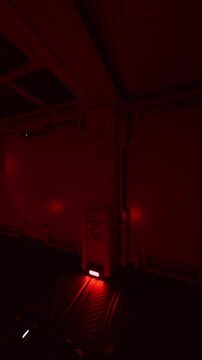 red cinematic corridor set for filming, stage lighting sculping metal textures and neon glow, crew equipment and rigging visible in deep shadows, floor grating