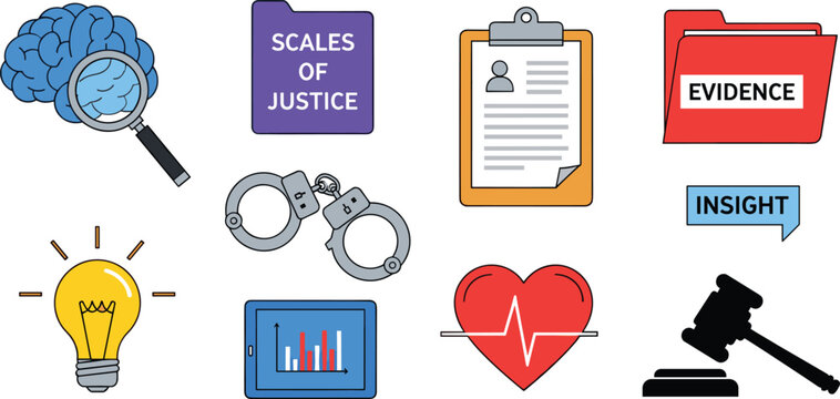 Justice and Legal Icon Set for Evidence, Investigation, Insight, and Legal Tools