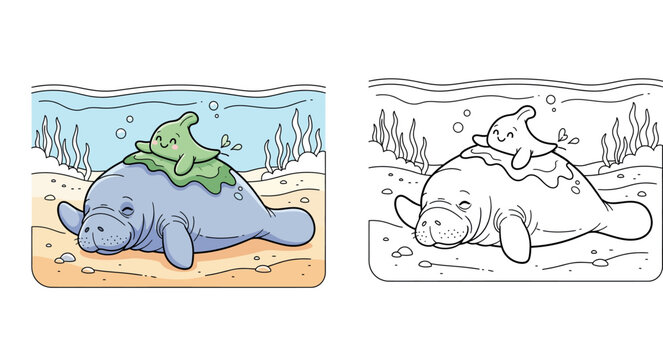 Cute cartoon manatee sleeping on the ocean floor with a little green friend on its back