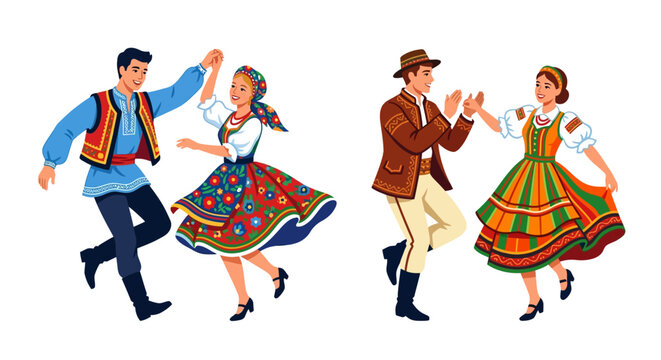 Four people in traditional clothing joyfully dancing in a circle
