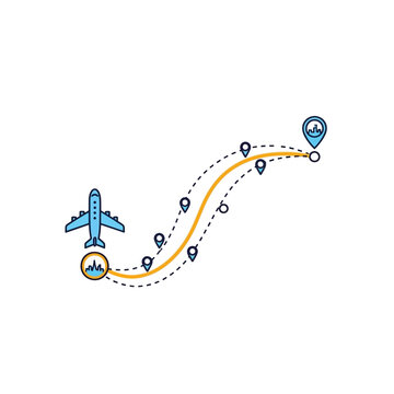 Airplane Flight Path with Location Pins and Cityscape Icons