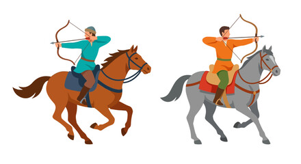 Two horse archers drawing bows while riding in a dynamic scene