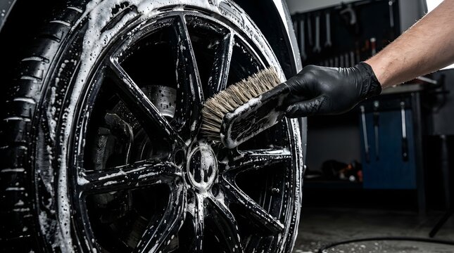 A gloved hand uses a brush to clean a soapy car wheel rim during detailed automotive cleaning