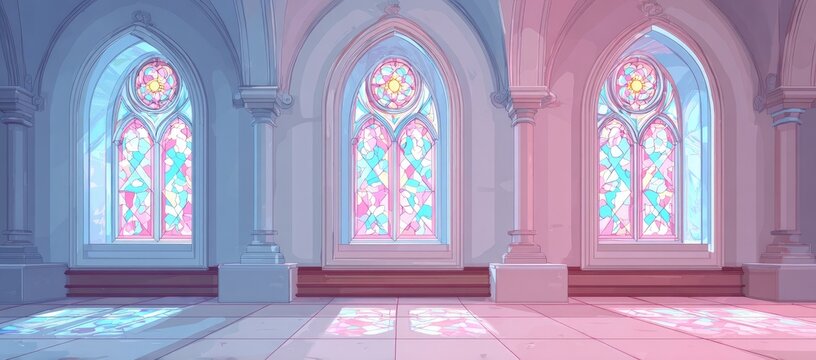Interior of a grand hall with three arched stained-glass windows