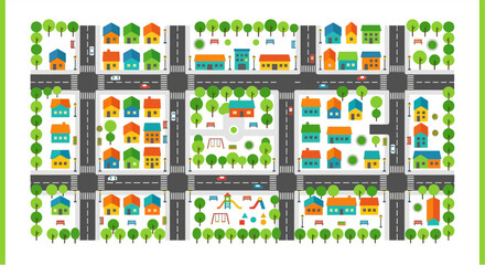 A colorful top down illustration of a residential city neighborhood © PROMA